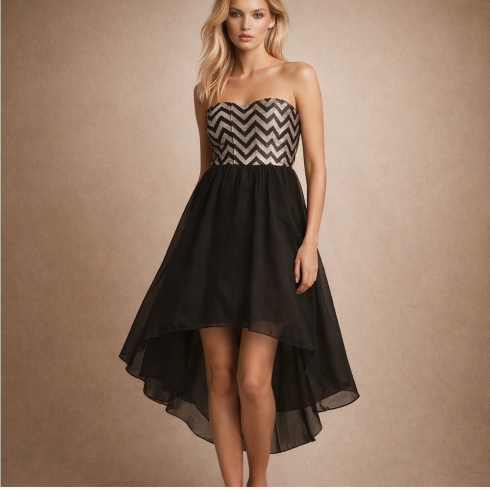 Tini Lili Strapless Black & Silver Chevron High-Low Dress | Size M